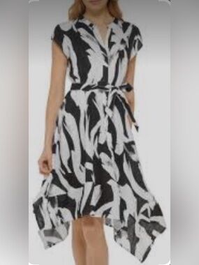 DKNY Pure 100% Linen Abstract Brushstroke Midi Dress Pockets Size 8